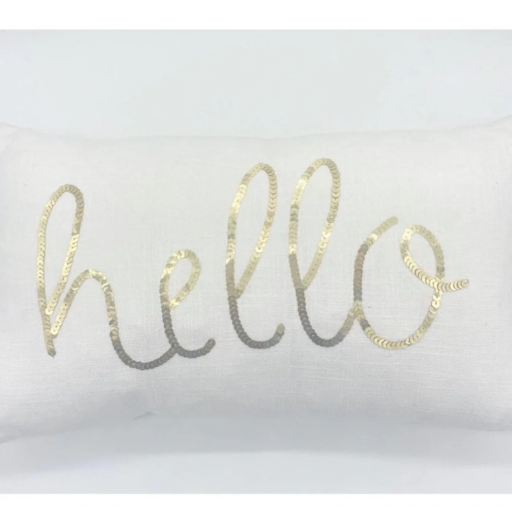 Indaba Trading 100% cotton decorative Throw Pillow Hello in gold sequins